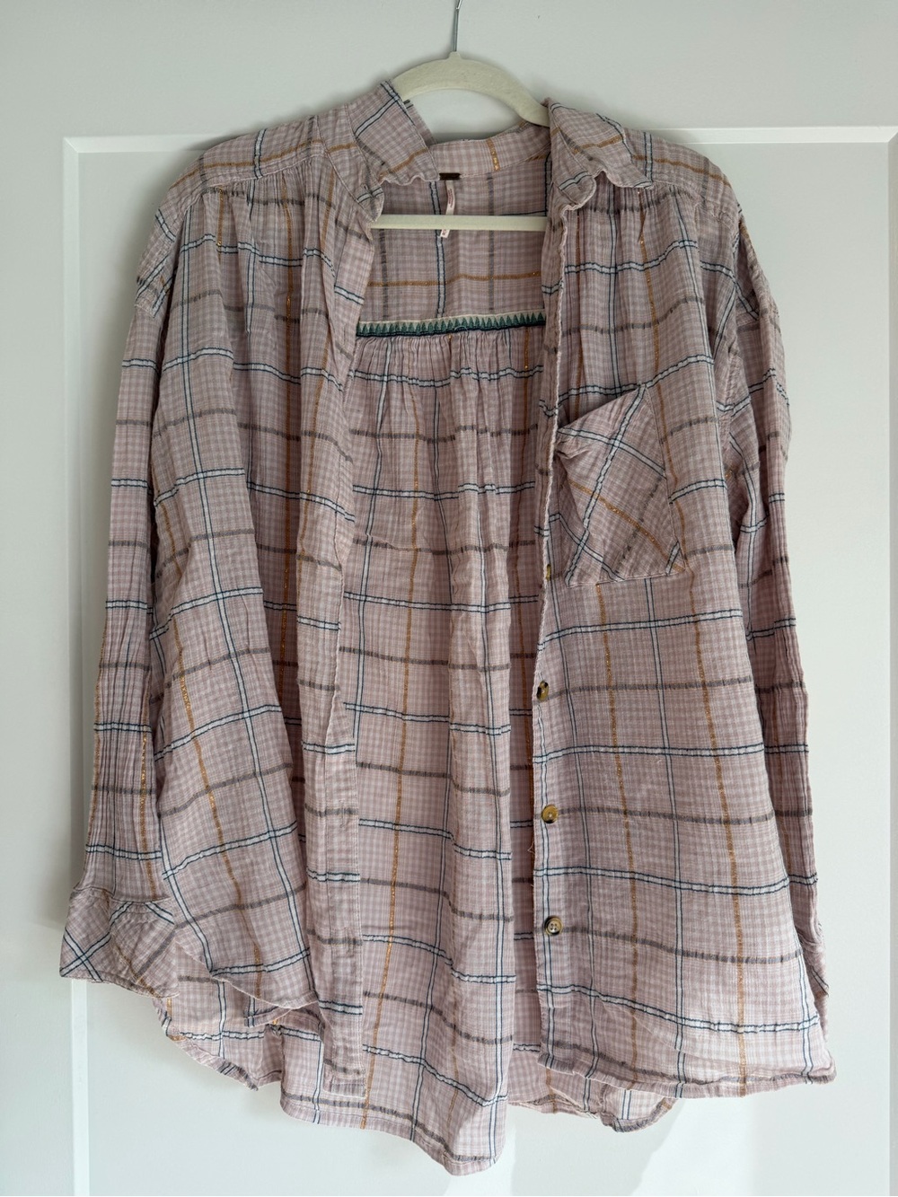 Free People Pink Plaid Metallic Button Down Shirt Medium